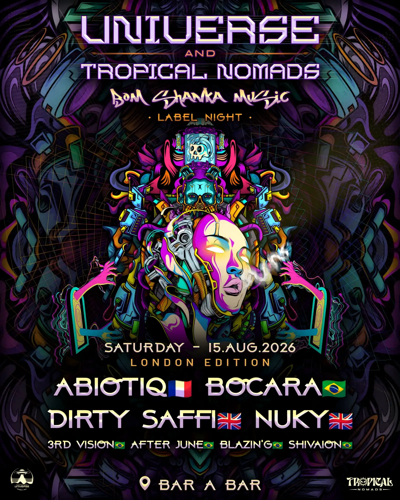 Universe & Tropical Nomads: Bom Shanka Label night event poster