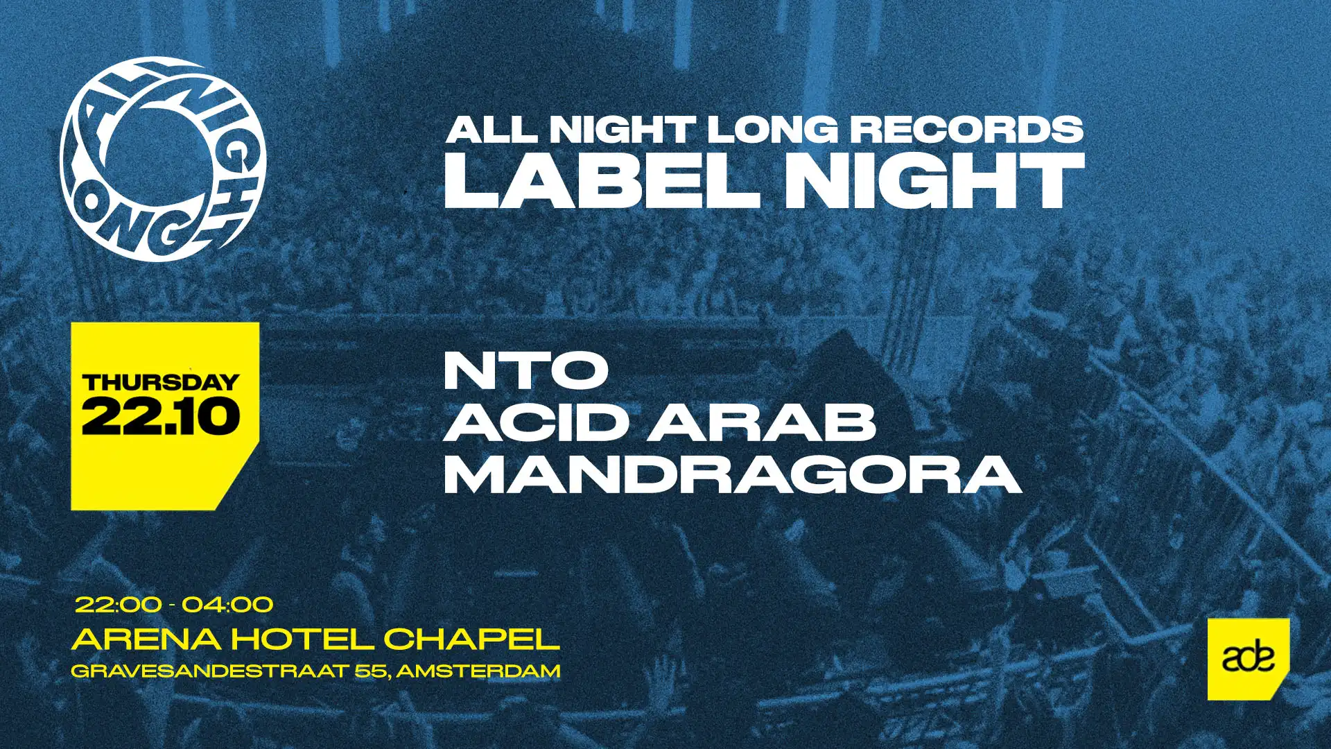All Night Long Records ADE Label Night event poster