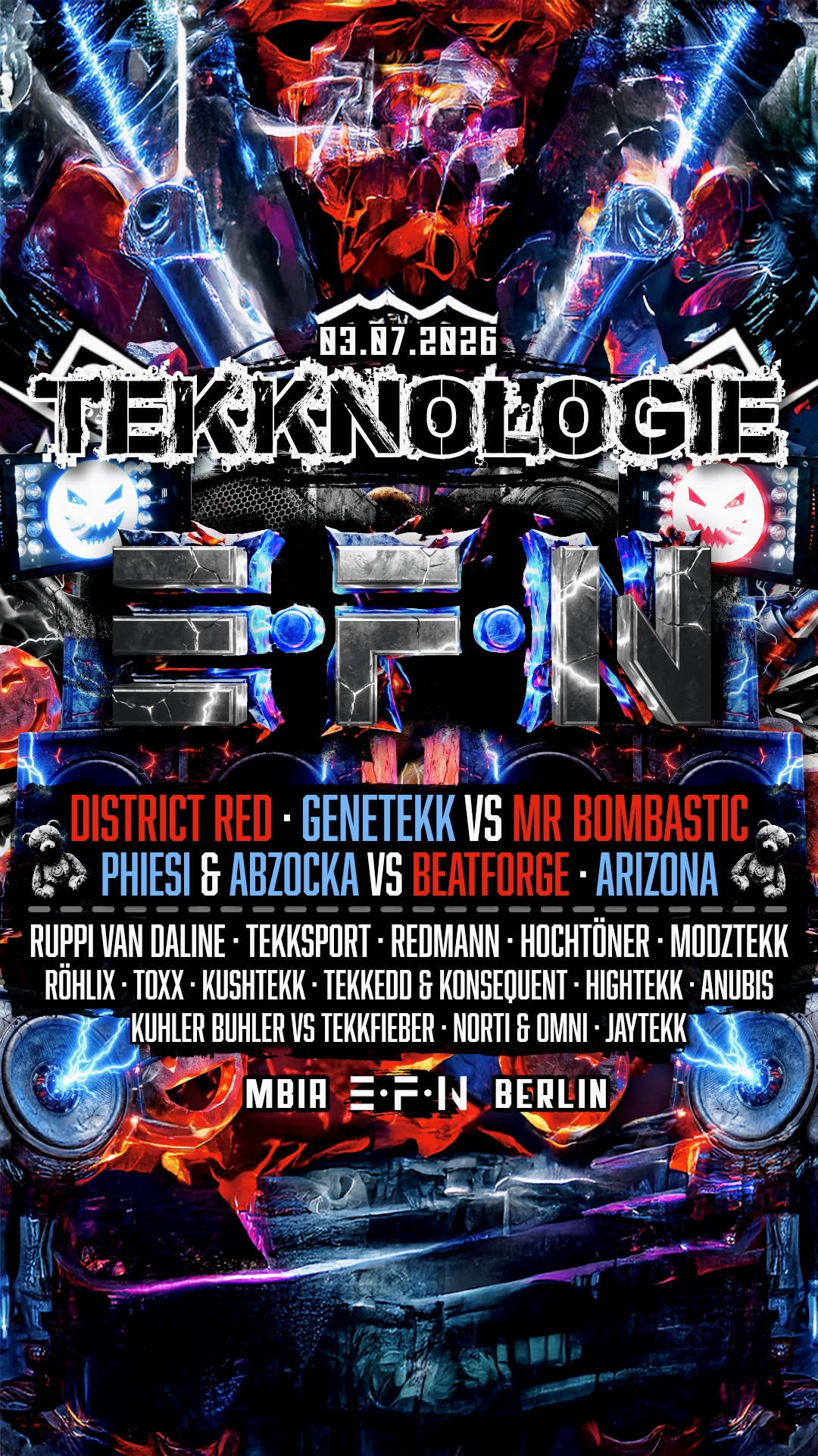 TEKKNOLOGIE • DISTRICT RED • GENETEKK & MR BOMBASTIC • PHISIE & ABZOCKA & BEATFORGE event poster