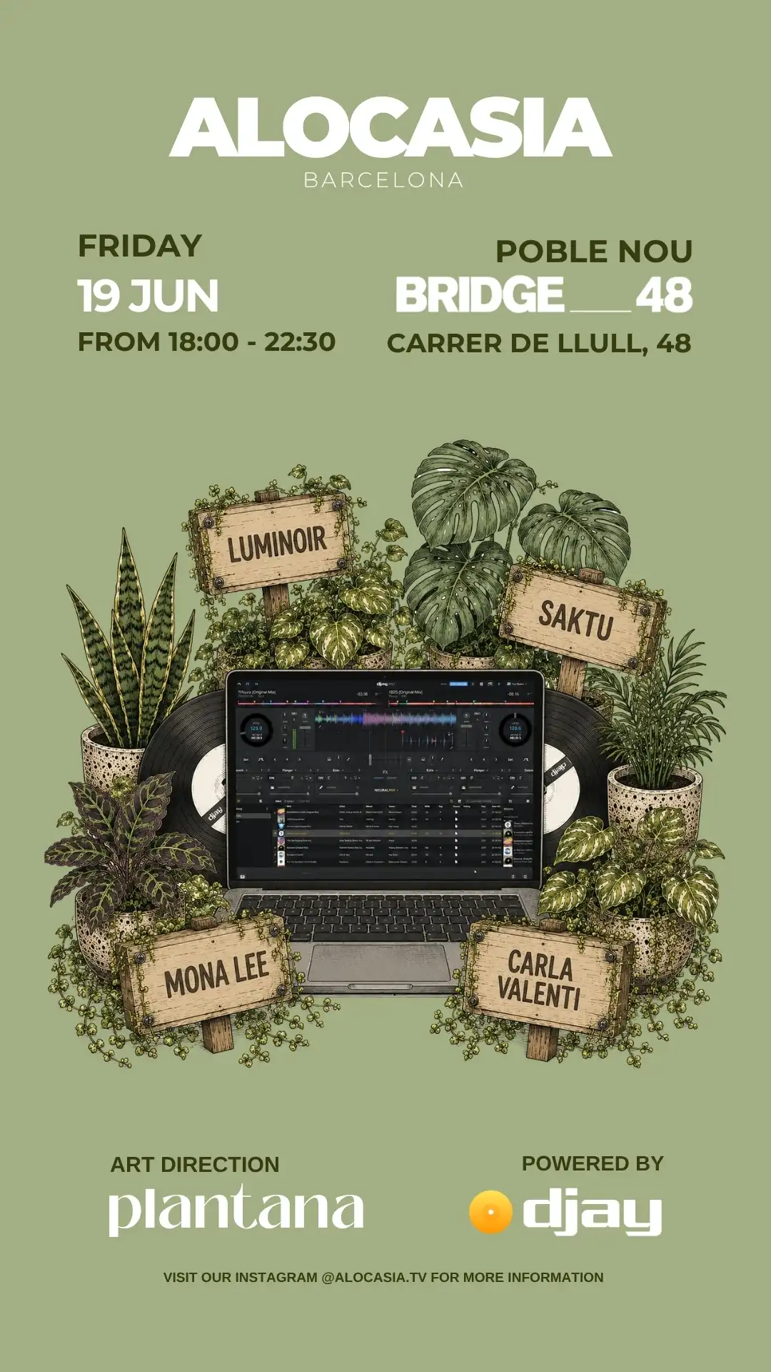 Alocasia TV x djay Pro x BRIDGE 48 presents Luminoir, Mona Lee, Carla Valenti & Saktu event poster