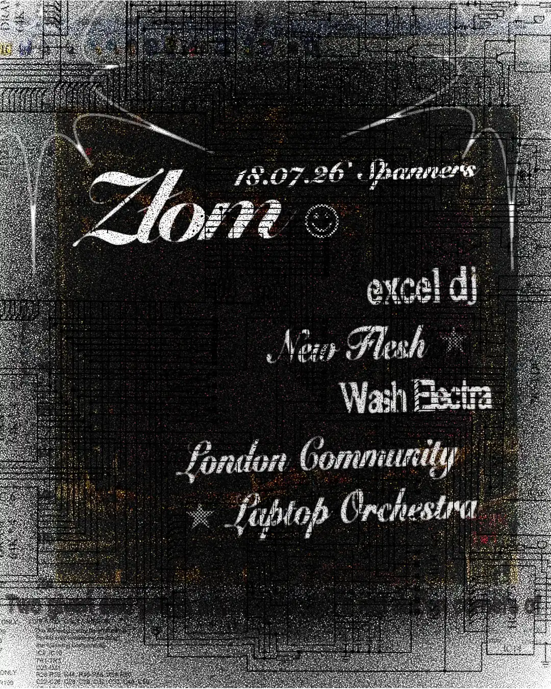 Złom with excel dj, new flesh, Wash Electra, london community laptop orchestra event poster