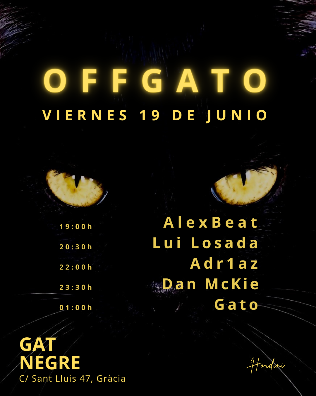 OFFGato - VIERNES 19 - AlexBeat, Lui Losada, Adr1az, Dan McKie & Gato - FREE event poster