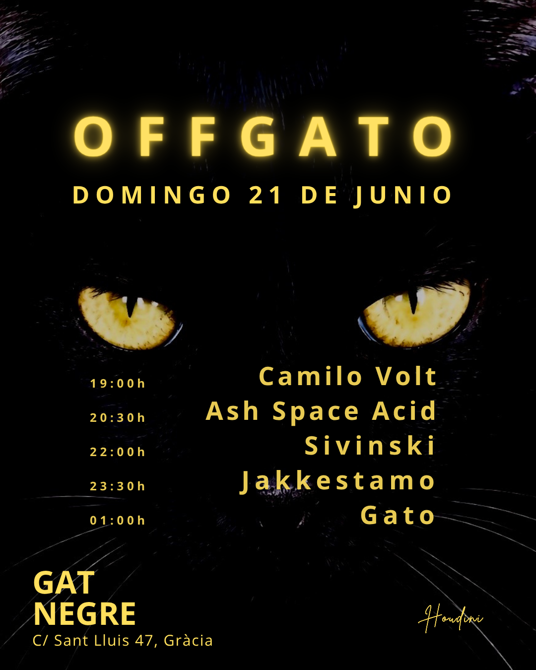 OFFGato DOMINGO 21 - Camilo Volt, ASH Space Acid, SIVINSKI, Jakkestamo & Gato - FREE event poster