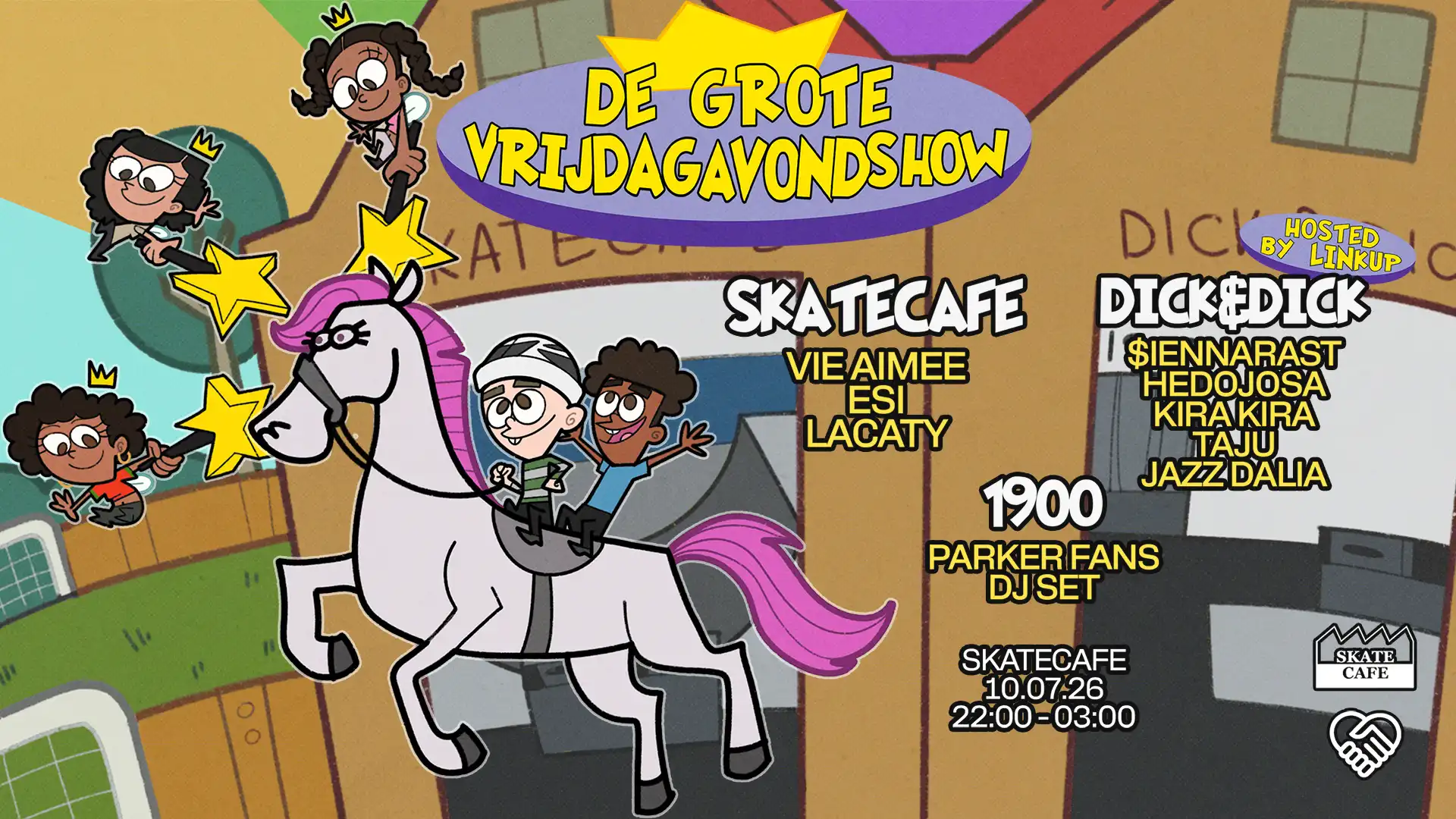 DE GROTE VRIJDAG AVOND SHOW W/ ESI, HEDOJOSA, JAZZ DALIA, KIRA KIRA, LACATY, & more event poster