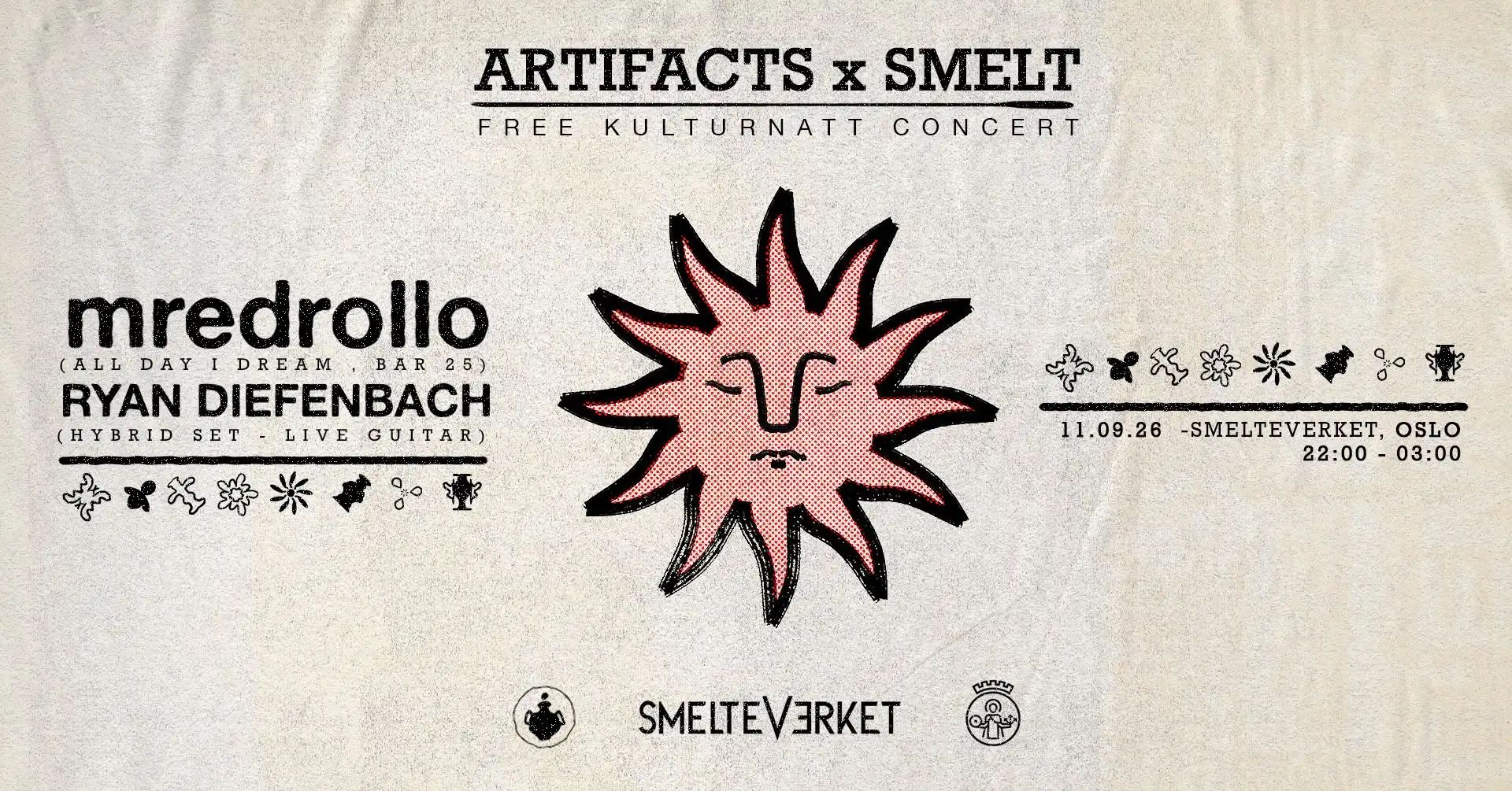 Oslo kulturnatt I Artifacts x Smelt pres. mredrollo & Ryan Diefenbach event poster