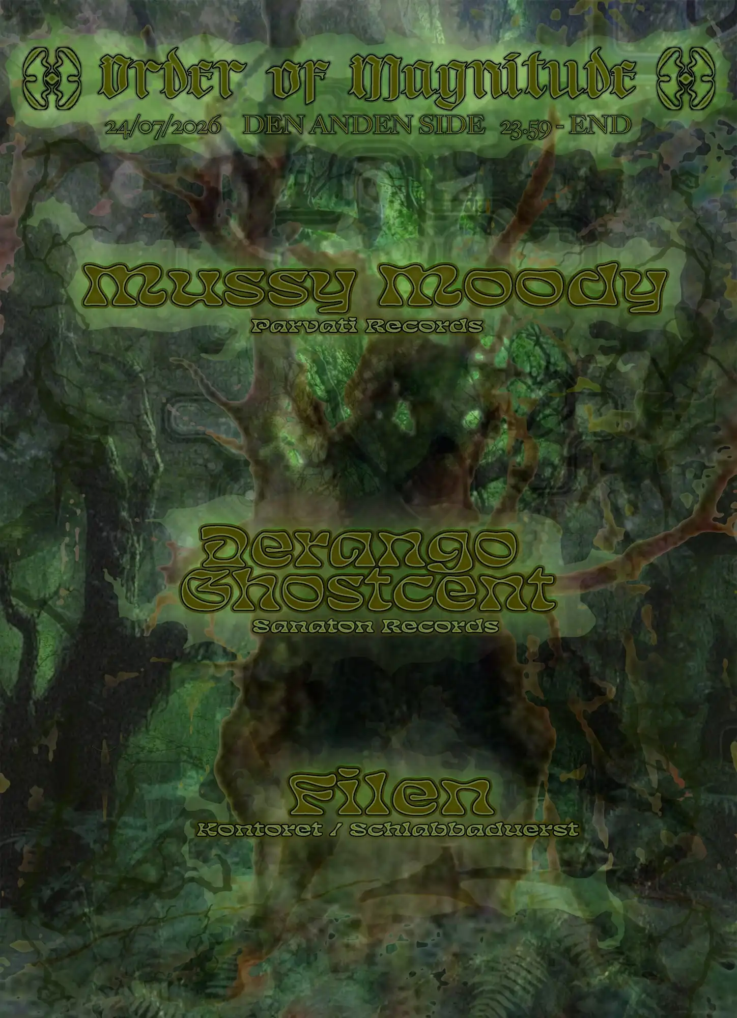 Order of Magnitude with Derango & Mussy Moody event poster